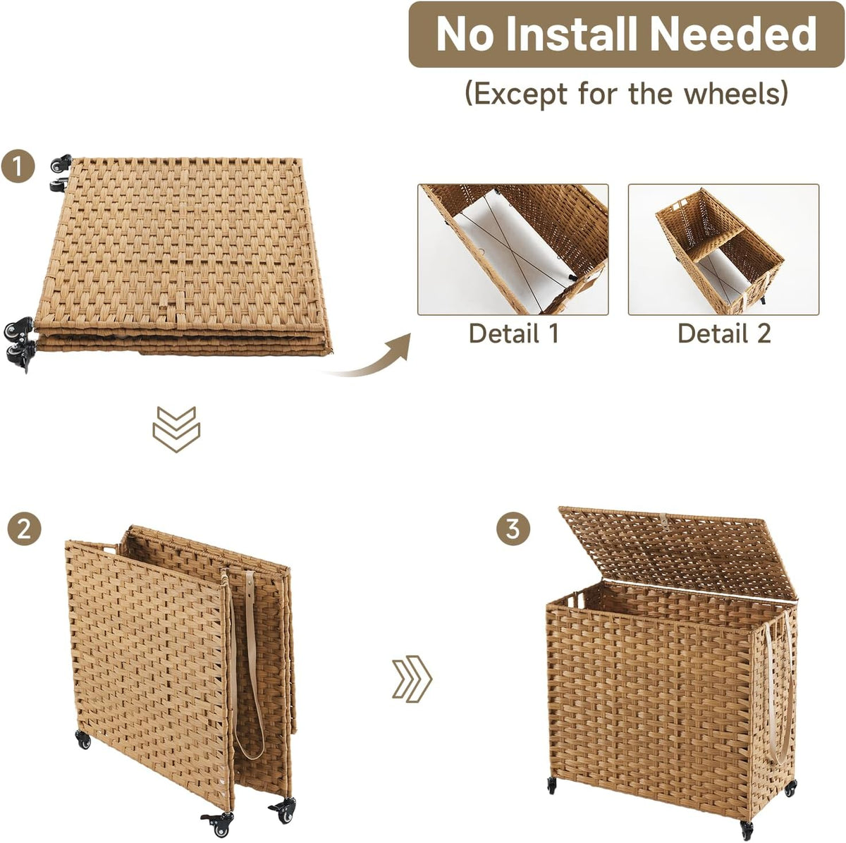 Laundry Hamper with Wheels, 52.8 Gallon(200L) Rolling Laundry Basket with Lid, Removable Large 3 Color Liners & 3 Mesh Laundry Bags, Clothes Hamper with Side Pocket, Natural