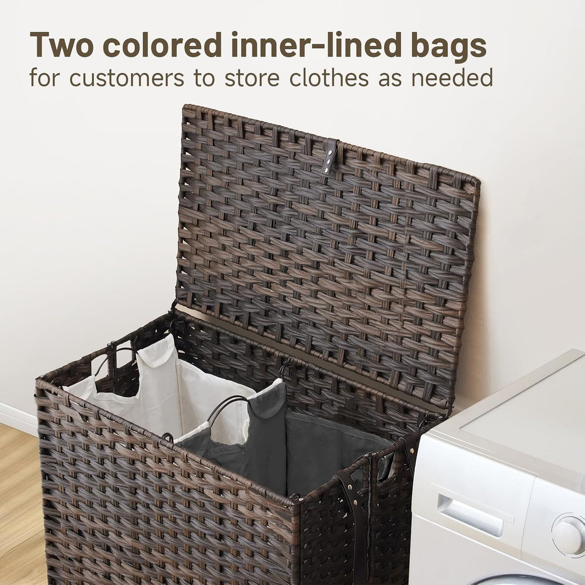 Laundry Hamper with Wheels, 52.8 Gallon(200L) Rolling Laundry Basket with Lid, Removable Large 3 Color Liners & 3 Mesh Laundry Bags, Clothes Hamper with Side Pocket, Natural