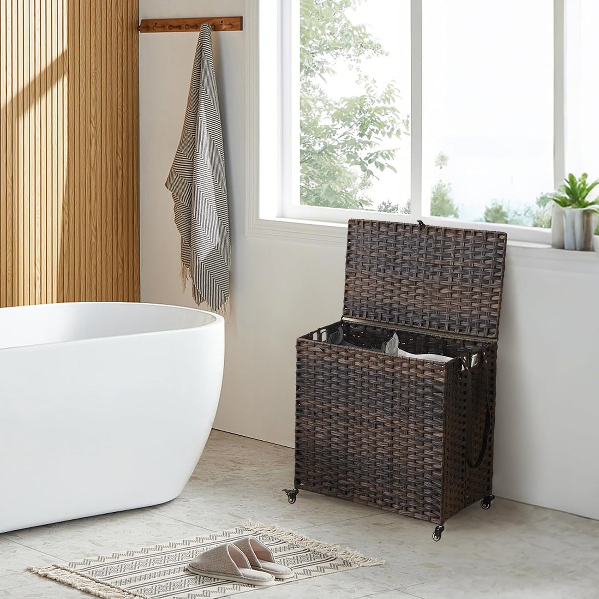 Laundry Hamper with Wheels, 52.8 Gallon(200L) Rolling Laundry Basket with Lid, Removable Large 3 Color Liners & 3 Mesh Laundry Bags, Clothes Hamper with Side Pocket, Natural