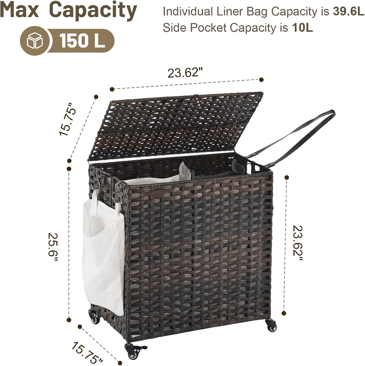 Laundry Hamper with Wheels, 52.8 Gallon(200L) Rolling Laundry Basket with Lid, Removable Large 3 Color Liners & 3 Mesh Laundry Bags, Clothes Hamper with Side Pocket, Natural