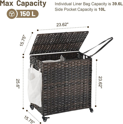 Laundry Hamper with Wheels, 52.8 Gallon(200L) Rolling Laundry Basket with Lid, Removable Large 3 Color Liners & 3 Mesh Laundry Bags, Clothes Hamper with Side Pocket, Natural