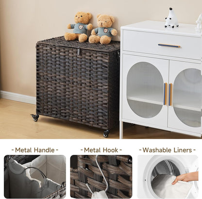 Laundry Hamper with Wheels, 52.8 Gallon(200L) Rolling Laundry Basket with Lid, Removable Large 3 Color Liners & 3 Mesh Laundry Bags, Clothes Hamper with Side Pocket, Natural