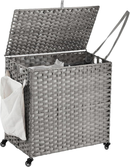 Laundry Hamper with Wheels, 52.8 Gallon(200L) Rolling Laundry Basket with Lid, Removable Large 3 Color Liners & 3 Mesh Laundry Bags, Clothes Hamper with Side Pocket, Natural