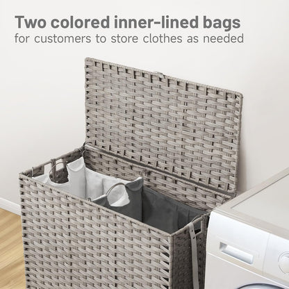 Laundry Hamper with Wheels, 52.8 Gallon(200L) Rolling Laundry Basket with Lid, Removable Large 3 Color Liners & 3 Mesh Laundry Bags, Clothes Hamper with Side Pocket, Natural