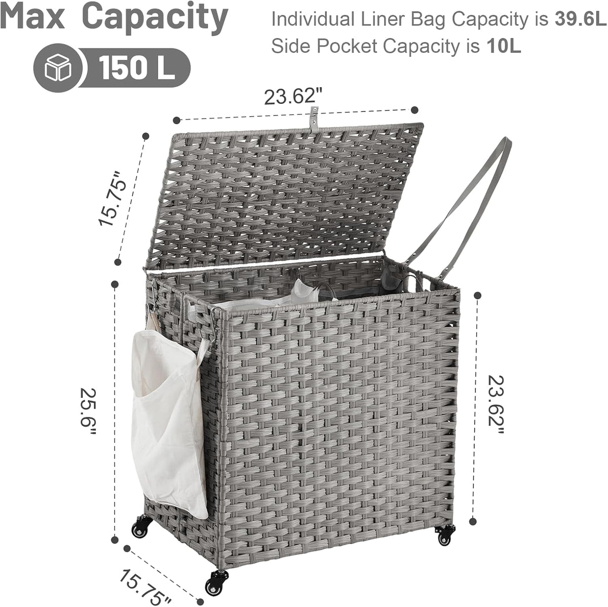 Laundry Hamper with Wheels, 52.8 Gallon(200L) Rolling Laundry Basket with Lid, Removable Large 3 Color Liners & 3 Mesh Laundry Bags, Clothes Hamper with Side Pocket, Natural