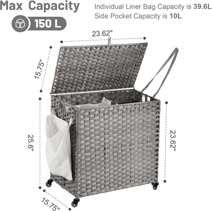 Laundry Hamper with Wheels, 52.8 Gallon(200L) Rolling Laundry Basket with Lid, Removable Large 3 Color Liners & 3 Mesh Laundry Bags, Clothes Hamper with Side Pocket, Natural