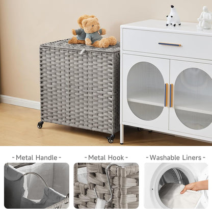 Laundry Hamper with Wheels, 52.8 Gallon(200L) Rolling Laundry Basket with Lid, Removable Large 3 Color Liners & 3 Mesh Laundry Bags, Clothes Hamper with Side Pocket, Natural