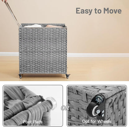 Laundry Hamper with Wheels, 52.8 Gallon(200L) Rolling Laundry Basket with Lid, Removable Large 3 Color Liners & 3 Mesh Laundry Bags, Clothes Hamper with Side Pocket, Natural