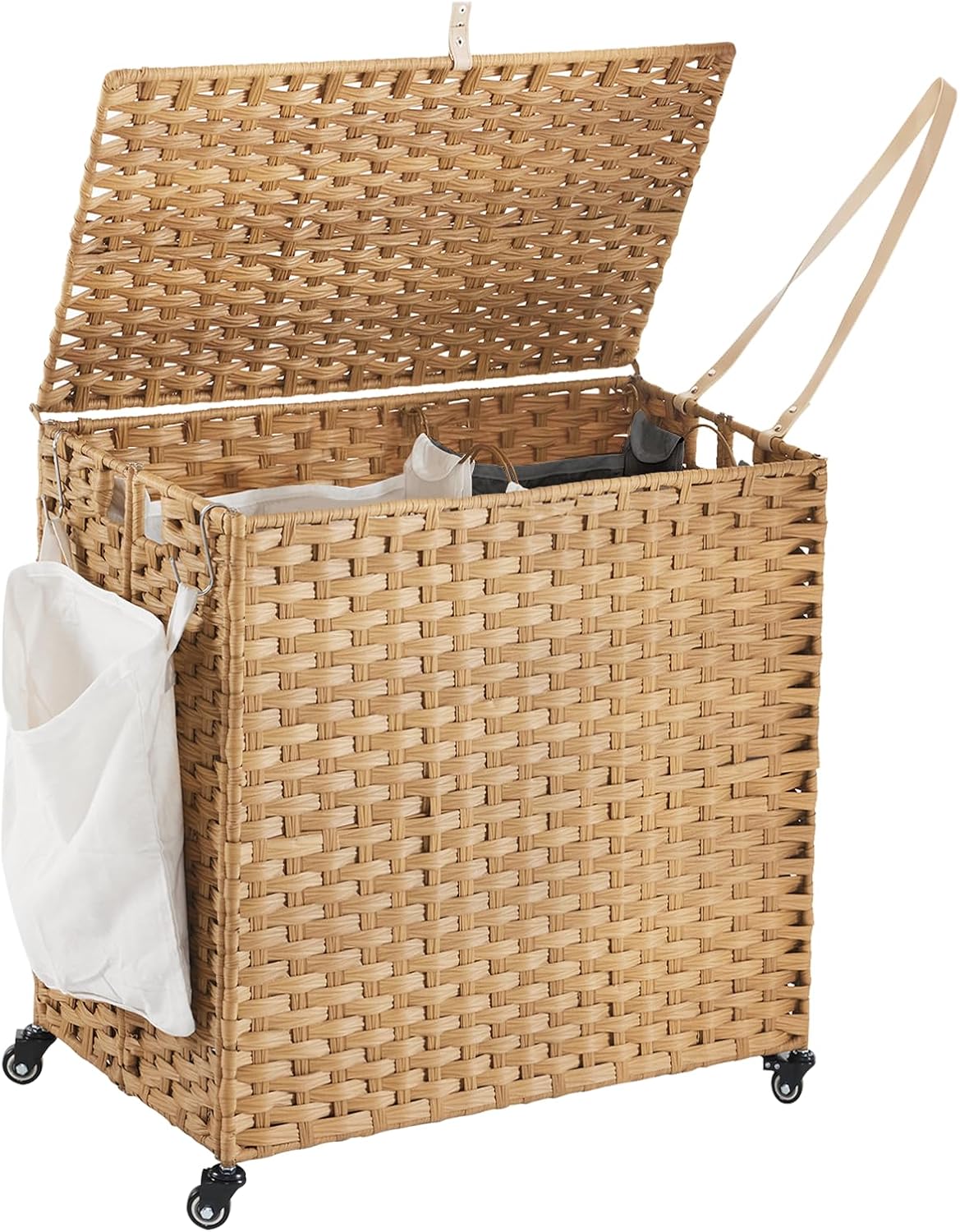 Laundry Hamper with Wheels, 52.8 Gallon(200L) Rolling Laundry Basket with Lid, Removable Large 3 Color Liners & 3 Mesh Laundry Bags, Clothes Hamper with Side Pocket, Natural
