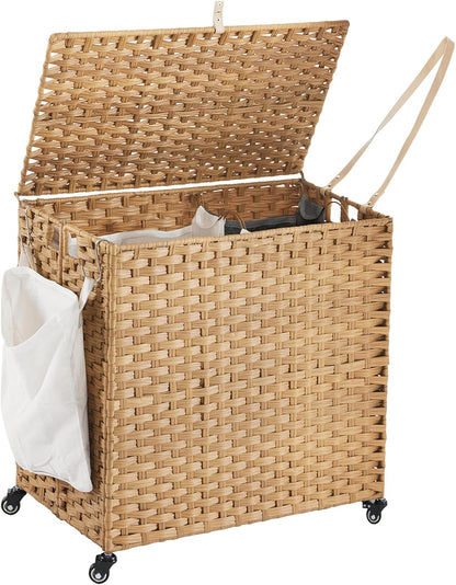 Laundry Hamper with Wheels, 52.8 Gallon(200L) Rolling Laundry Basket with Lid, Removable Large 3 Color Liners & 3 Mesh Laundry Bags, Clothes Hamper with Side Pocket, Natural
