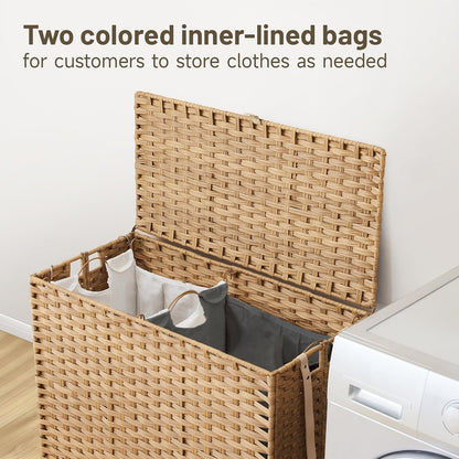 Laundry Hamper with Wheels, 52.8 Gallon(200L) Rolling Laundry Basket with Lid, Removable Large 3 Color Liners & 3 Mesh Laundry Bags, Clothes Hamper with Side Pocket, Natural