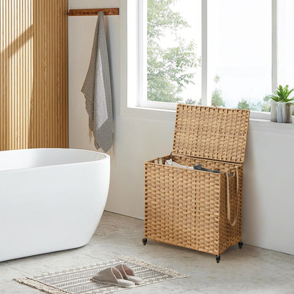 Laundry Hamper with Wheels, 52.8 Gallon(200L) Rolling Laundry Basket with Lid, Removable Large 3 Color Liners & 3 Mesh Laundry Bags, Clothes Hamper with Side Pocket, Natural