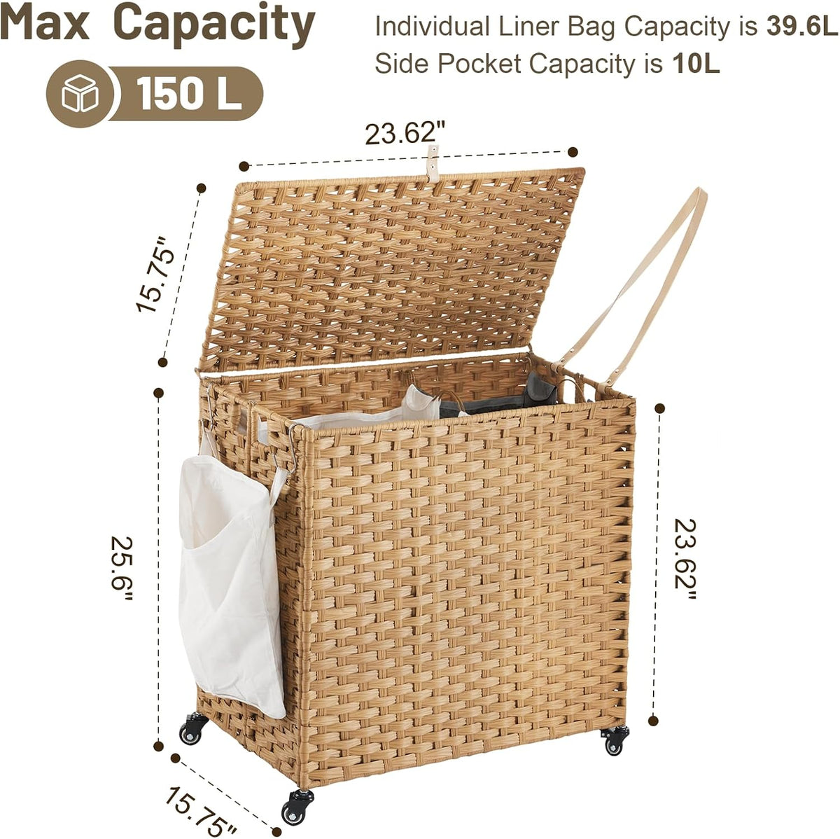 Laundry Hamper with Wheels, 52.8 Gallon(200L) Rolling Laundry Basket with Lid, Removable Large 3 Color Liners & 3 Mesh Laundry Bags, Clothes Hamper with Side Pocket, Natural