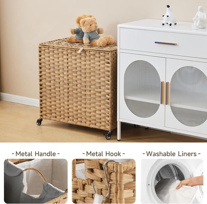 Laundry Hamper with Wheels, 52.8 Gallon(200L) Rolling Laundry Basket with Lid, Removable Large 3 Color Liners & 3 Mesh Laundry Bags, Clothes Hamper with Side Pocket, Natural