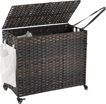 Laundry Hamper with Wheels, 52.8 Gallon(200L) Rolling Laundry Basket with Lid, Removable Large 3 Color Liners & 3 Mesh Laundry Bags, Clothes Hamper with Side Pocket, Natural