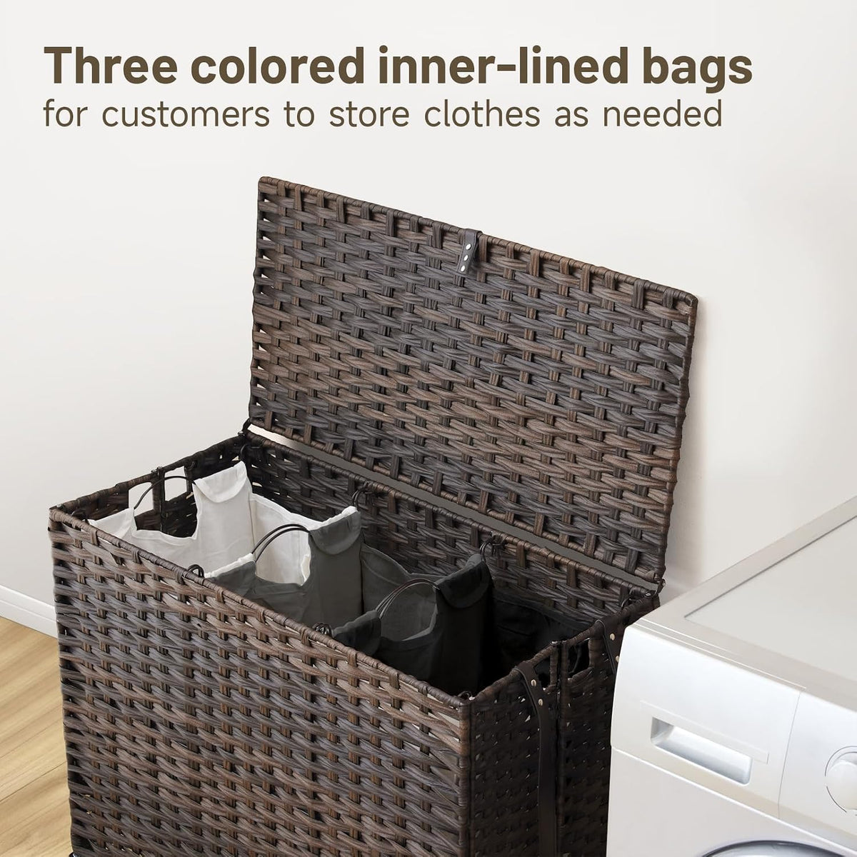 Laundry Hamper with Wheels, 52.8 Gallon(200L) Rolling Laundry Basket with Lid, Removable Large 3 Color Liners & 3 Mesh Laundry Bags, Clothes Hamper with Side Pocket, Natural