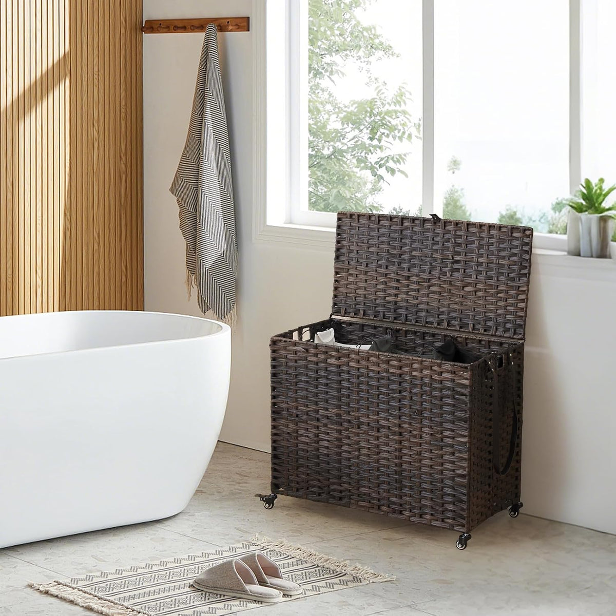 Laundry Hamper with Wheels, 52.8 Gallon(200L) Rolling Laundry Basket with Lid, Removable Large 3 Color Liners & 3 Mesh Laundry Bags, Clothes Hamper with Side Pocket, Natural