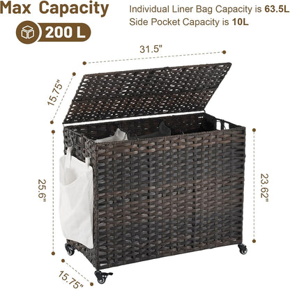 Laundry Hamper with Wheels, 52.8 Gallon(200L) Rolling Laundry Basket with Lid, Removable Large 3 Color Liners & 3 Mesh Laundry Bags, Clothes Hamper with Side Pocket, Natural