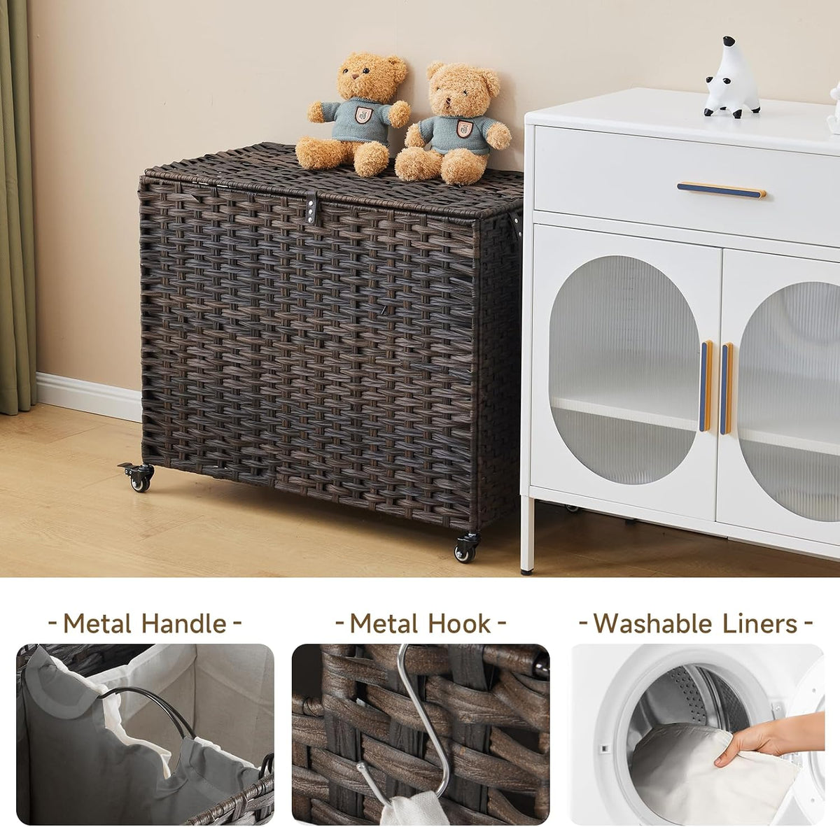 Laundry Hamper with Wheels, 52.8 Gallon(200L) Rolling Laundry Basket with Lid, Removable Large 3 Color Liners & 3 Mesh Laundry Bags, Clothes Hamper with Side Pocket, Natural