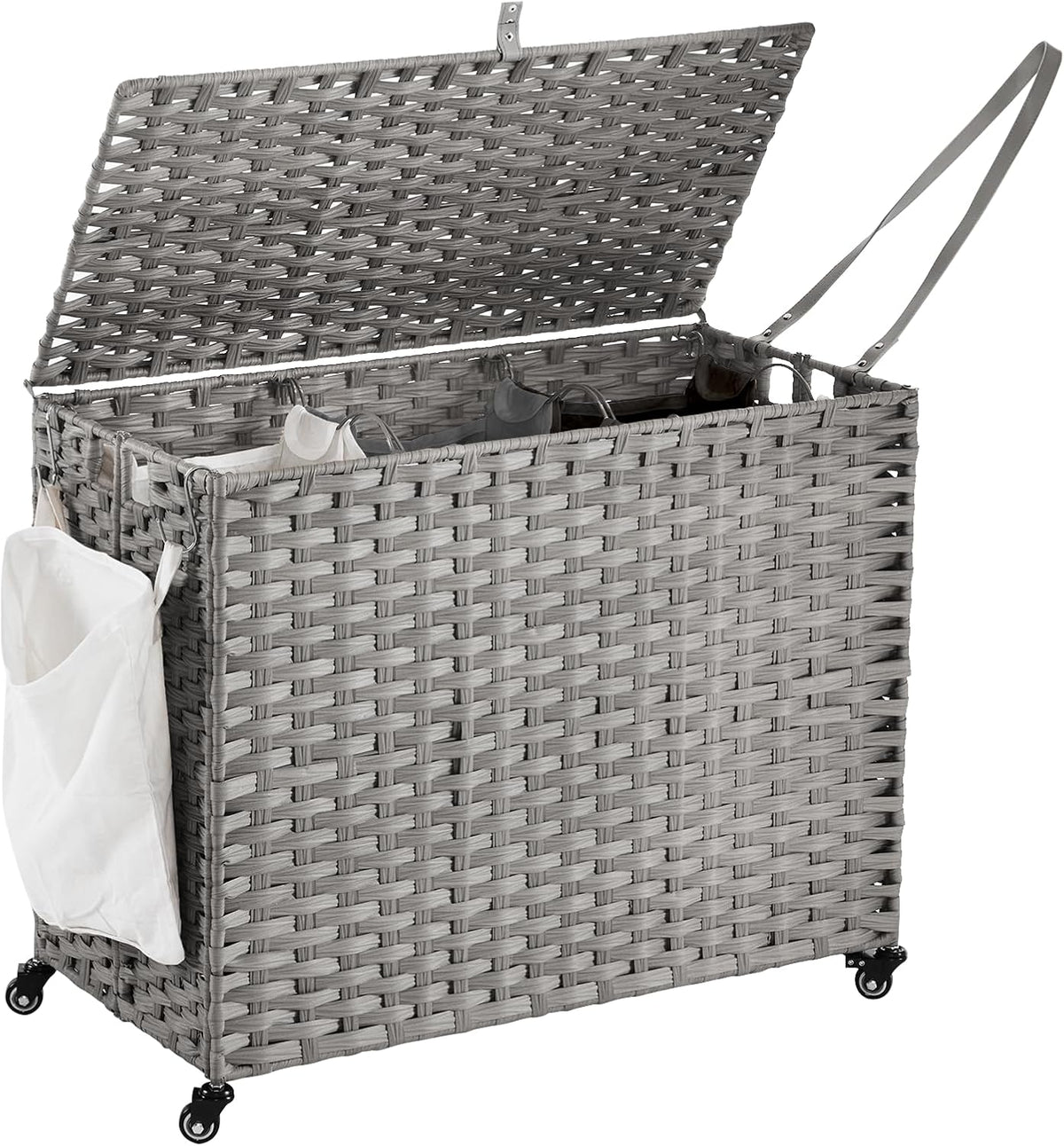 Laundry Hamper with Wheels, 52.8 Gallon(200L) Rolling Laundry Basket with Lid, Removable Large 3 Color Liners & 3 Mesh Laundry Bags, Clothes Hamper with Side Pocket, Natural