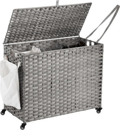 Laundry Hamper with Wheels, 52.8 Gallon(200L) Rolling Laundry Basket with Lid, Removable Large 3 Color Liners & 3 Mesh Laundry Bags, Clothes Hamper with Side Pocket, Natural
