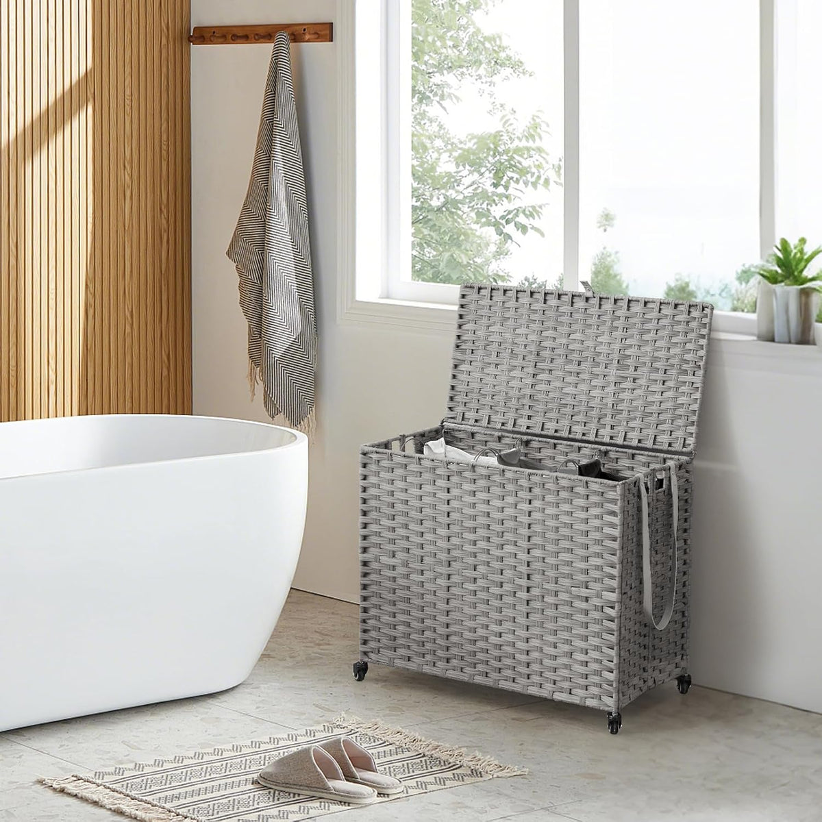 Laundry Hamper with Wheels, 52.8 Gallon(200L) Rolling Laundry Basket with Lid, Removable Large 3 Color Liners & 3 Mesh Laundry Bags, Clothes Hamper with Side Pocket, Natural