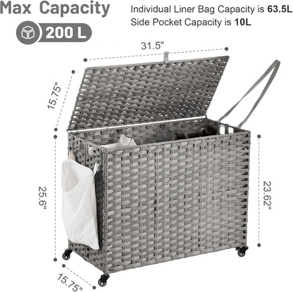 Laundry Hamper with Wheels, 52.8 Gallon(200L) Rolling Laundry Basket with Lid, Removable Large 3 Color Liners & 3 Mesh Laundry Bags, Clothes Hamper with Side Pocket, Natural
