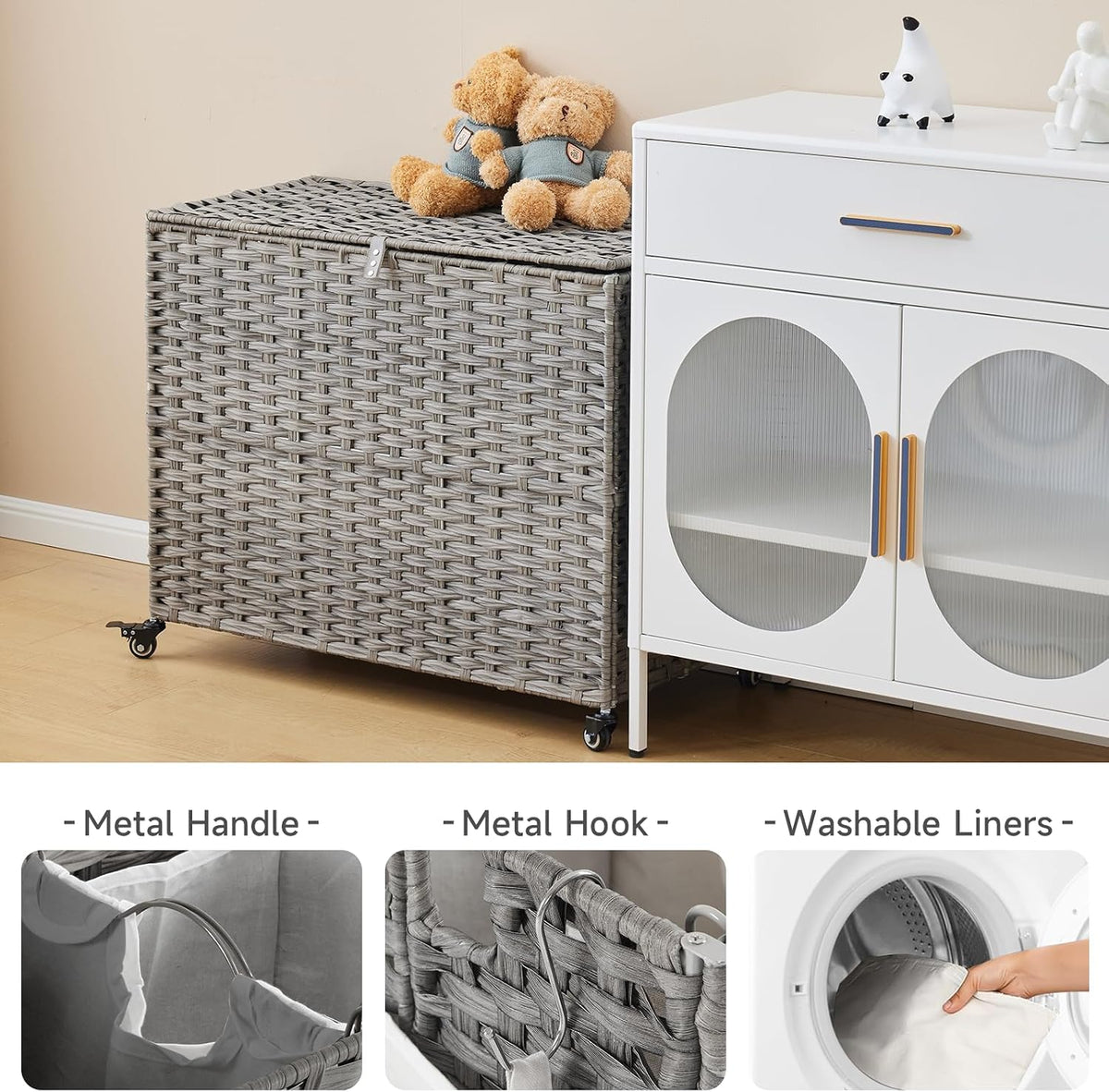 Laundry Hamper with Wheels, 52.8 Gallon(200L) Rolling Laundry Basket with Lid, Removable Large 3 Color Liners & 3 Mesh Laundry Bags, Clothes Hamper with Side Pocket, Natural