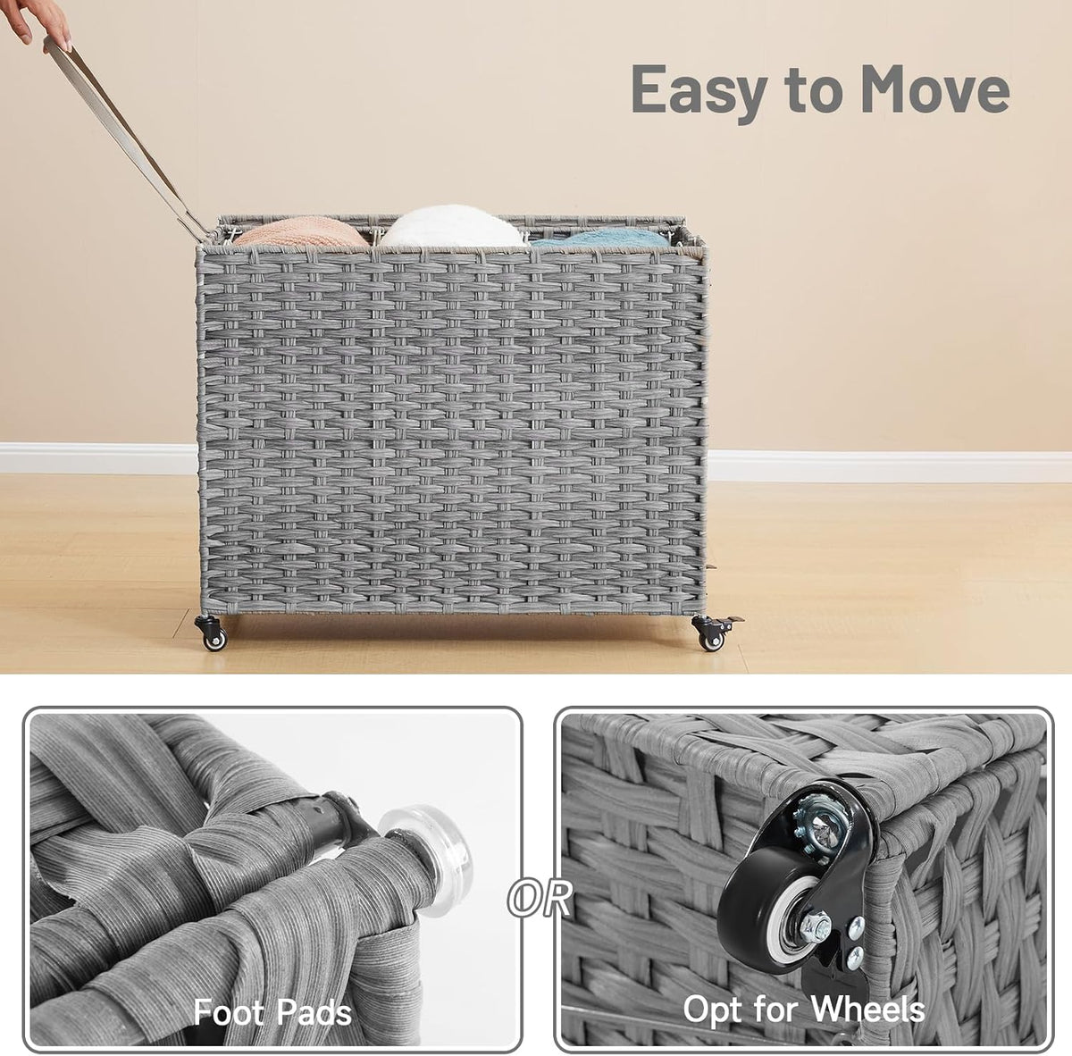 Laundry Hamper with Wheels, 52.8 Gallon(200L) Rolling Laundry Basket with Lid, Removable Large 3 Color Liners & 3 Mesh Laundry Bags, Clothes Hamper with Side Pocket, Natural