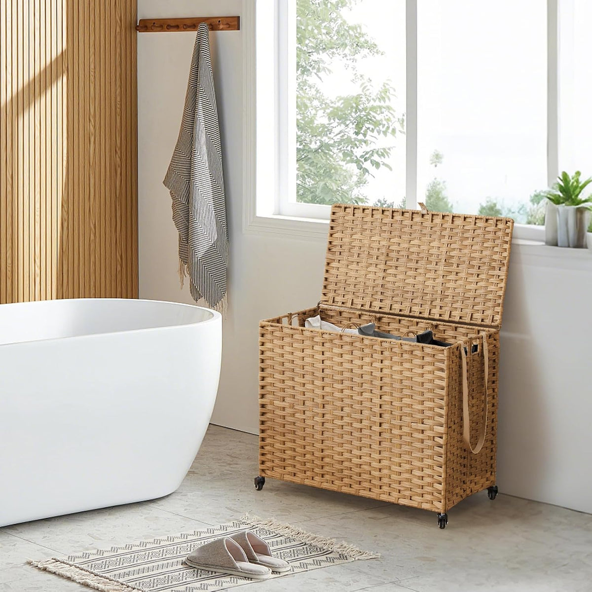 Laundry Hamper with Wheels, 52.8 Gallon(200L) Rolling Laundry Basket with Lid, Removable Large 3 Color Liners & 3 Mesh Laundry Bags, Clothes Hamper with Side Pocket, Natural