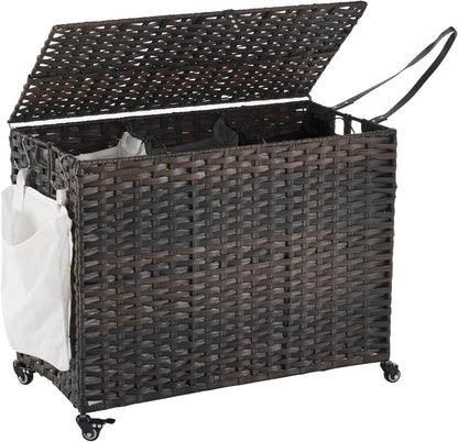 Laundry Hamper with Wheels, 52.8 Gallon(200L) Rolling Laundry Basket with Lid, Removable Large 3 Color Liners & 3 Mesh Laundry Bags, Clothes Hamper with Side Pocket, Natural