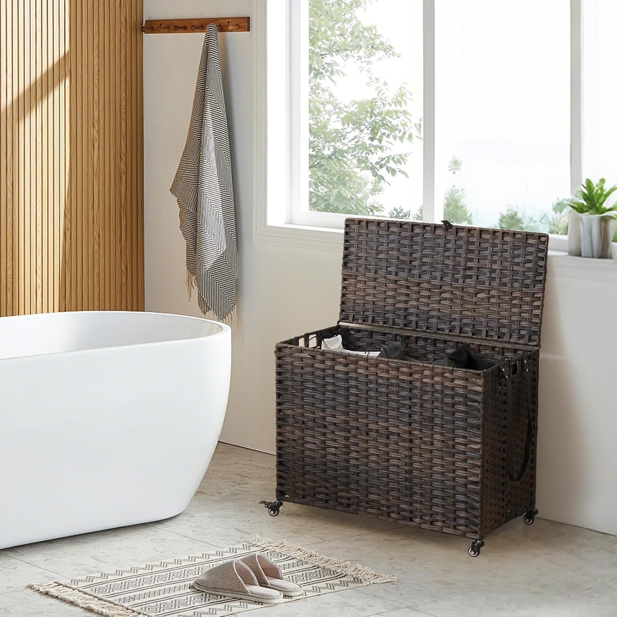 Laundry Hamper with Wheels, 52.8 Gallon(200L) Rolling Laundry Basket with Lid, Removable Large 3 Color Liners & 3 Mesh Laundry Bags, Clothes Hamper with Side Pocket, Natural