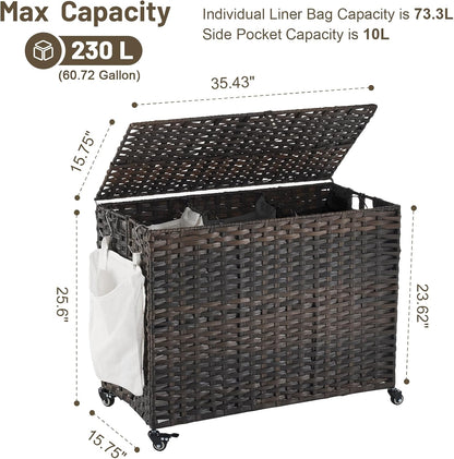 Laundry Hamper with Wheels, 52.8 Gallon(200L) Rolling Laundry Basket with Lid, Removable Large 3 Color Liners & 3 Mesh Laundry Bags, Clothes Hamper with Side Pocket, Natural