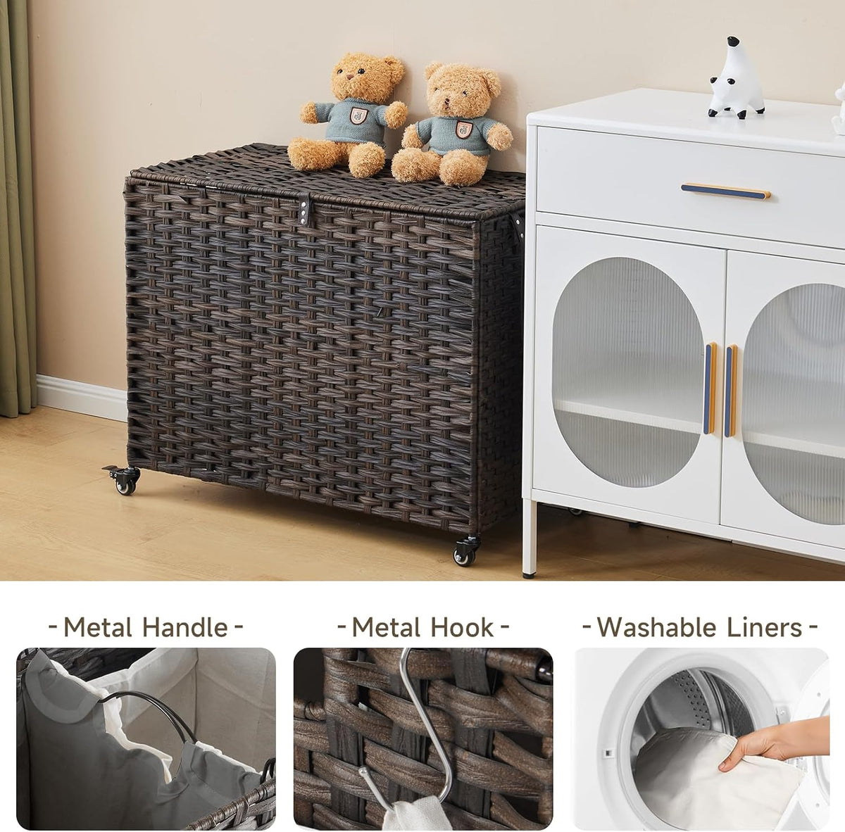 Laundry Hamper with Wheels, 52.8 Gallon(200L) Rolling Laundry Basket with Lid, Removable Large 3 Color Liners & 3 Mesh Laundry Bags, Clothes Hamper with Side Pocket, Natural