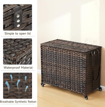 Laundry Hamper with Wheels, 52.8 Gallon(200L) Rolling Laundry Basket with Lid, Removable Large 3 Color Liners & 3 Mesh Laundry Bags, Clothes Hamper with Side Pocket, Natural