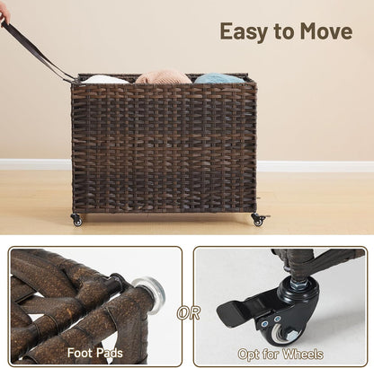 Laundry Hamper with Wheels, 52.8 Gallon(200L) Rolling Laundry Basket with Lid, Removable Large 3 Color Liners & 3 Mesh Laundry Bags, Clothes Hamper with Side Pocket, Natural
