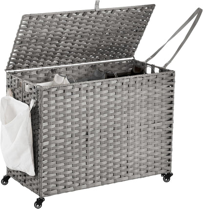 Laundry Hamper with Wheels, 52.8 Gallon(200L) Rolling Laundry Basket with Lid, Removable Large 3 Color Liners & 3 Mesh Laundry Bags, Clothes Hamper with Side Pocket, Natural