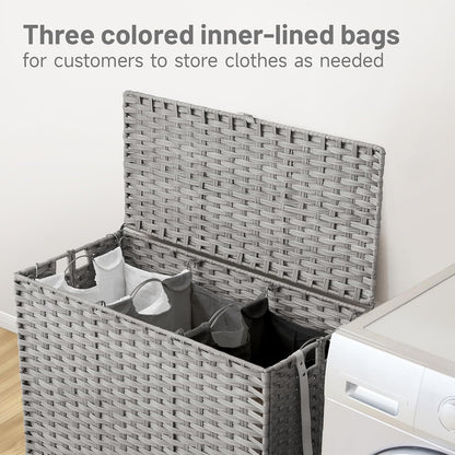 Laundry Hamper with Wheels, 52.8 Gallon(200L) Rolling Laundry Basket with Lid, Removable Large 3 Color Liners & 3 Mesh Laundry Bags, Clothes Hamper with Side Pocket, Natural