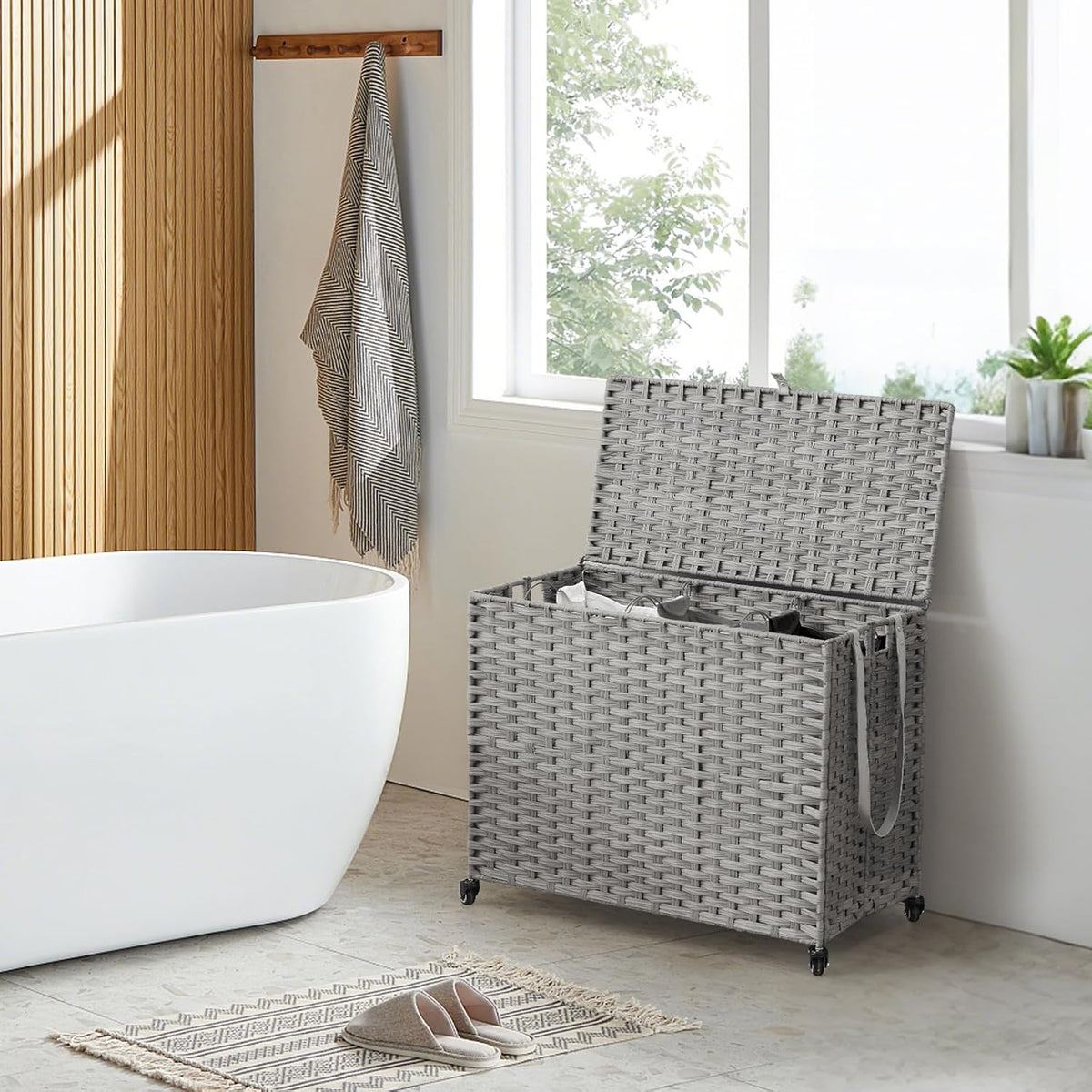 Laundry Hamper with Wheels, 52.8 Gallon(200L) Rolling Laundry Basket with Lid, Removable Large 3 Color Liners & 3 Mesh Laundry Bags, Clothes Hamper with Side Pocket, Natural