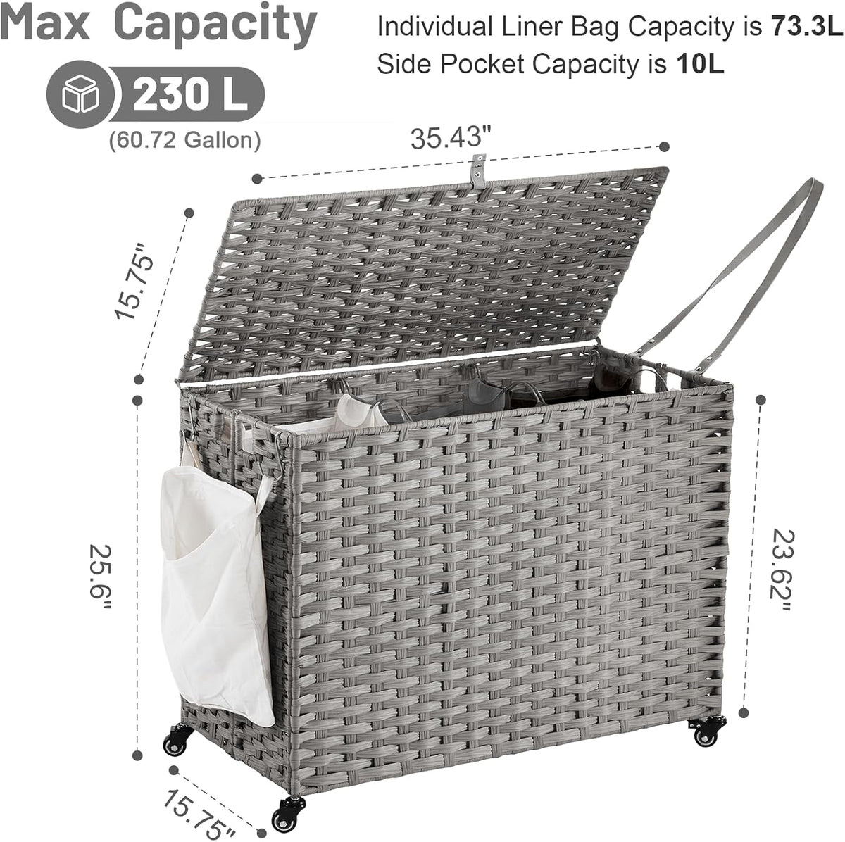 Laundry Hamper with Wheels, 52.8 Gallon(200L) Rolling Laundry Basket with Lid, Removable Large 3 Color Liners & 3 Mesh Laundry Bags, Clothes Hamper with Side Pocket, Natural