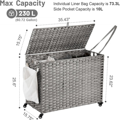 Laundry Hamper with Wheels, 52.8 Gallon(200L) Rolling Laundry Basket with Lid, Removable Large 3 Color Liners & 3 Mesh Laundry Bags, Clothes Hamper with Side Pocket, Natural