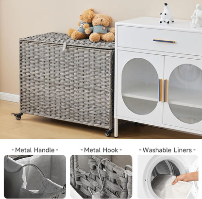 Laundry Hamper with Wheels, 52.8 Gallon(200L) Rolling Laundry Basket with Lid, Removable Large 3 Color Liners & 3 Mesh Laundry Bags, Clothes Hamper with Side Pocket, Natural