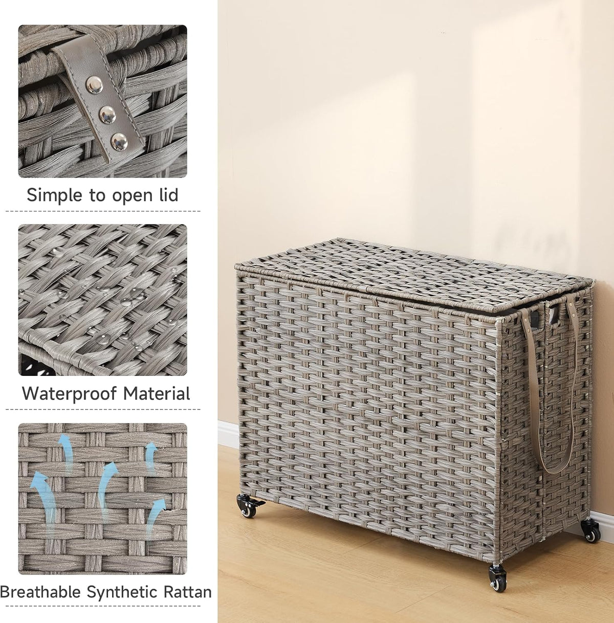 Laundry Hamper with Wheels, 52.8 Gallon(200L) Rolling Laundry Basket with Lid, Removable Large 3 Color Liners & 3 Mesh Laundry Bags, Clothes Hamper with Side Pocket, Natural