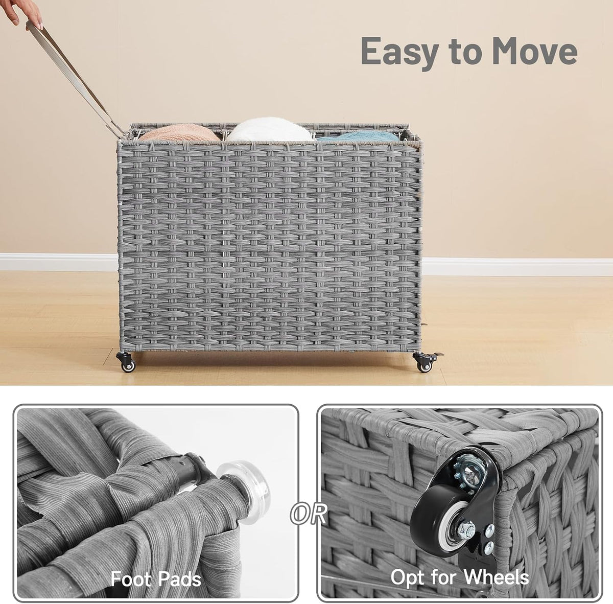 Laundry Hamper with Wheels, 52.8 Gallon(200L) Rolling Laundry Basket with Lid, Removable Large 3 Color Liners & 3 Mesh Laundry Bags, Clothes Hamper with Side Pocket, Natural