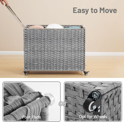Laundry Hamper with Wheels, 52.8 Gallon(200L) Rolling Laundry Basket with Lid, Removable Large 3 Color Liners & 3 Mesh Laundry Bags, Clothes Hamper with Side Pocket, Natural
