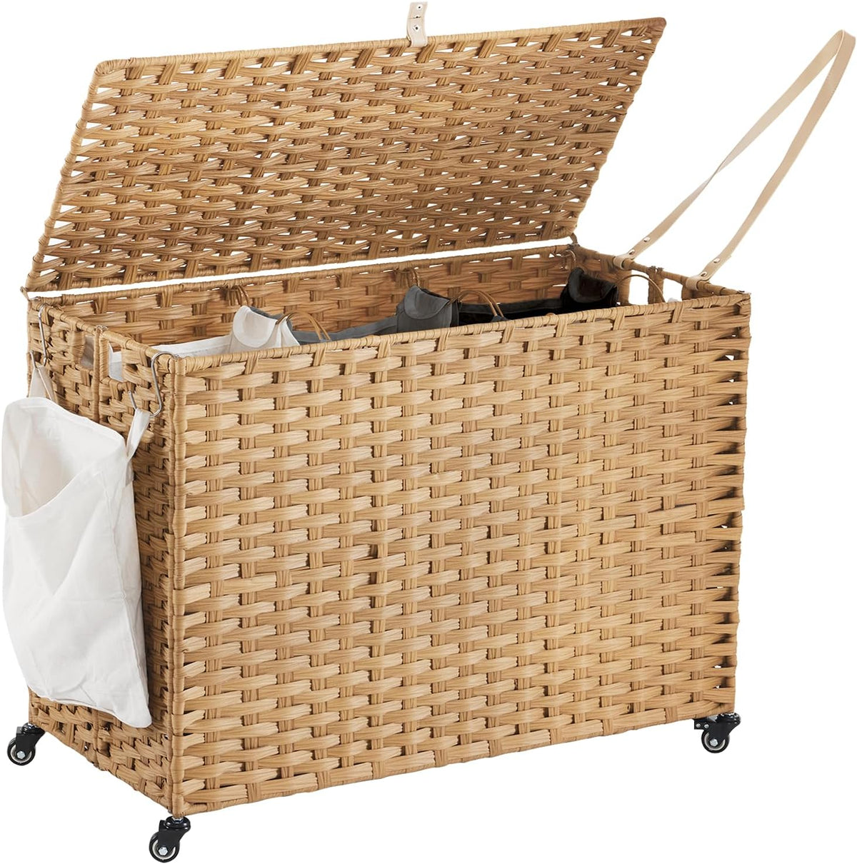 Laundry Hamper with Wheels, 52.8 Gallon(200L) Rolling Laundry Basket with Lid, Removable Large 3 Color Liners & 3 Mesh Laundry Bags, Clothes Hamper with Side Pocket, Natural