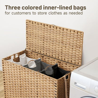 Laundry Hamper with Wheels, 52.8 Gallon(200L) Rolling Laundry Basket with Lid, Removable Large 3 Color Liners & 3 Mesh Laundry Bags, Clothes Hamper with Side Pocket, Natural