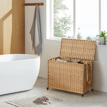 Laundry Hamper with Wheels, 52.8 Gallon(200L) Rolling Laundry Basket with Lid, Removable Large 3 Color Liners & 3 Mesh Laundry Bags, Clothes Hamper with Side Pocket, Natural