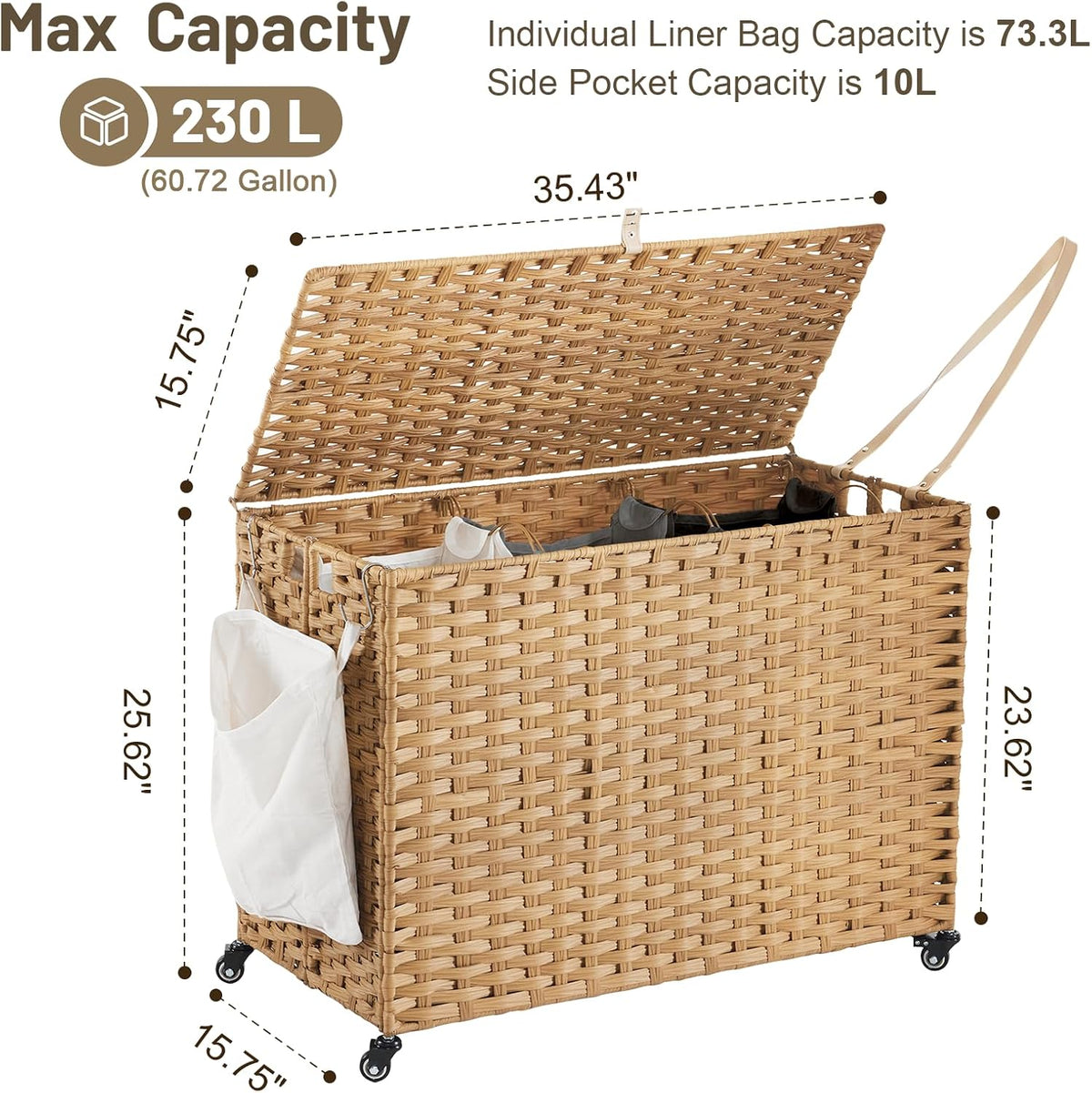 Laundry Hamper with Wheels, 52.8 Gallon(200L) Rolling Laundry Basket with Lid, Removable Large 3 Color Liners & 3 Mesh Laundry Bags, Clothes Hamper with Side Pocket, Natural