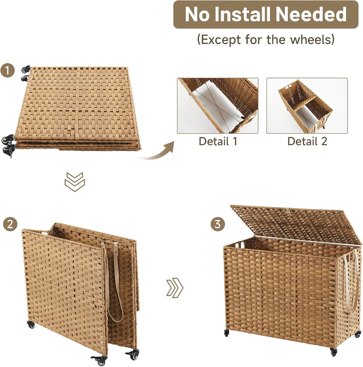 Laundry Hamper with Wheels, 52.8 Gallon(200L) Rolling Laundry Basket with Lid, Removable Large 3 Color Liners & 3 Mesh Laundry Bags, Clothes Hamper with Side Pocket, Natural